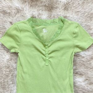 Y2K SO Pastel Green Slim Fit Ribbed Henley Tee Lace Bella Swan Elena Gilbert